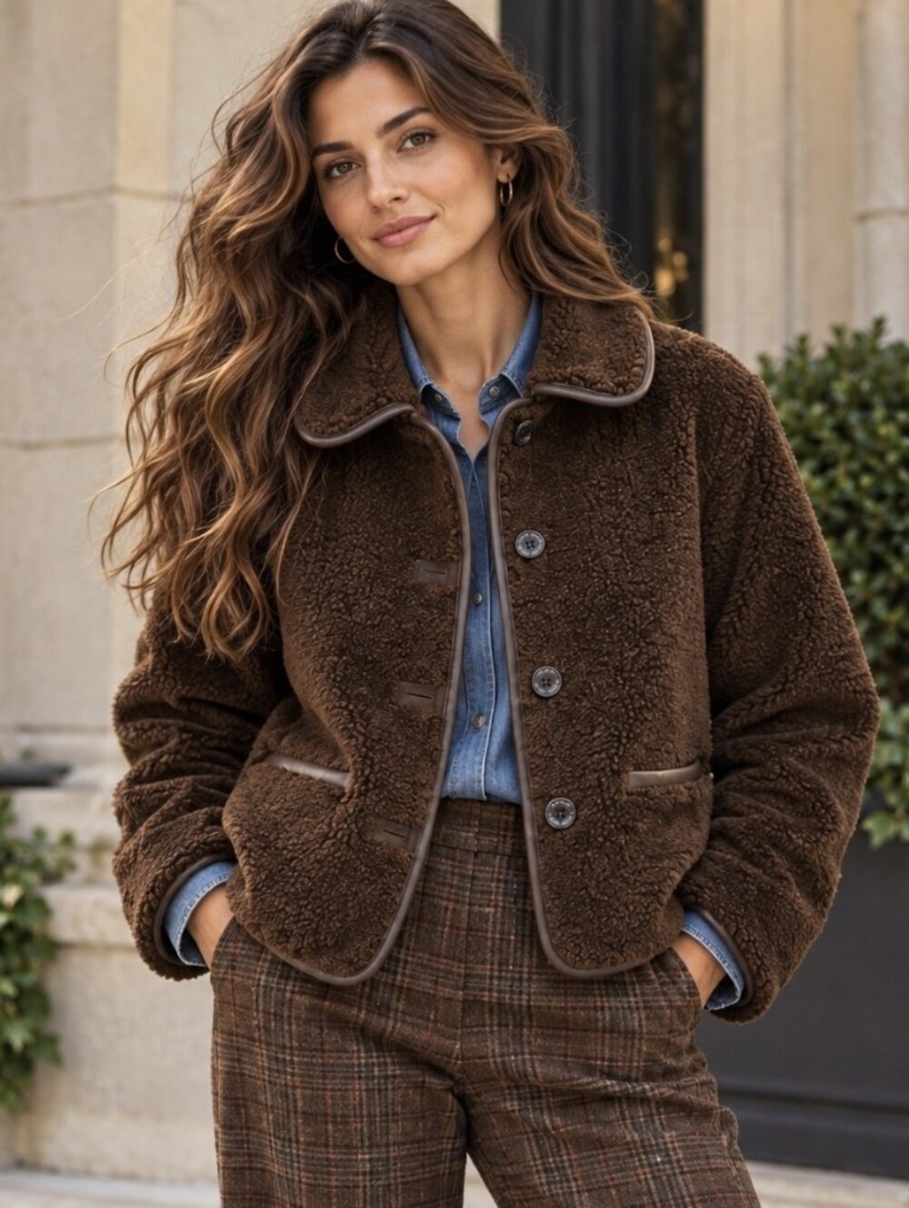 Lauren Ralph Lauren Teddy Sherpa Jacket Chocolate Brown Button Up Sz M $240 NWT